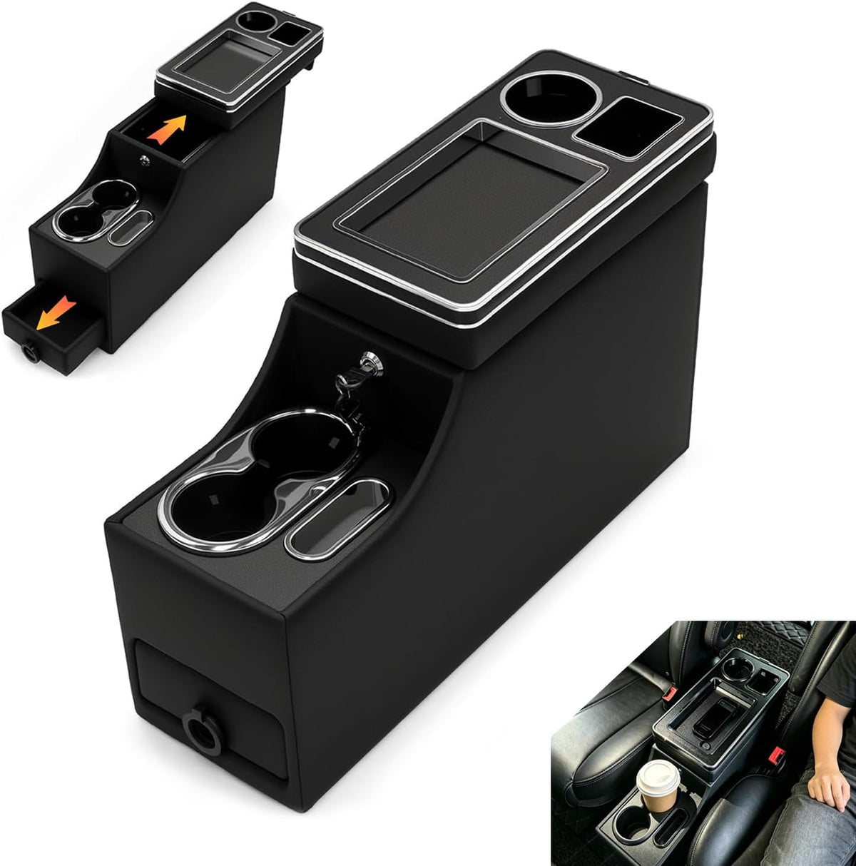 20" L x 9.65" W x 13.78" H, 24L Center Console Between Seats for Minivans, SUVs & Trucks, Floor/Bench Seat Organizer with Locking Hidden Storage, Dual Cup Holders & Armrest