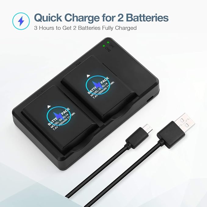 EN-EL14 EN EL14A Battery USB Charger and 2-Pack Rechargeable Batteries