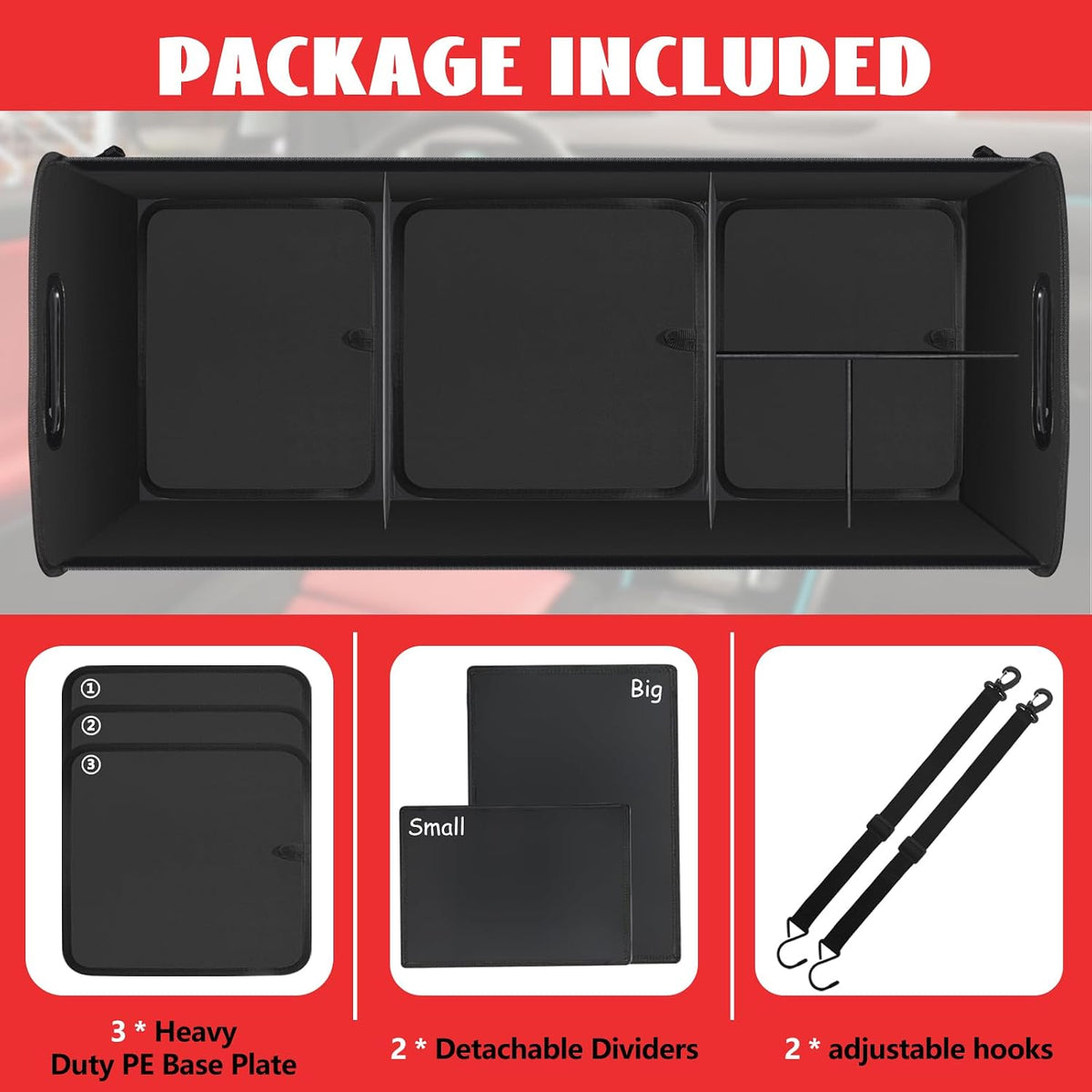 Car Trunk Organizer,Heavy Duty Collapsible 95 L Capacity Car Trunk Storage Organizer,Multi-Compartment Pockets, Adjustable Straps - Ideal for Travel, Camping, Shopping,Perfect for SUV, Truck, Sedan