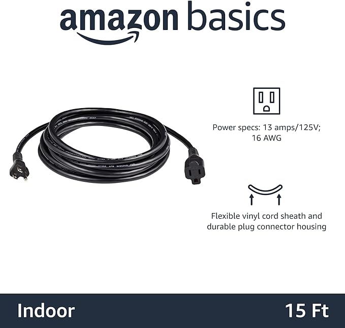 Amazon Basics Extension Cord, 15 Ft, 3-Prong Outlet Extender, Indoor, 13 Amps, 125V, Black