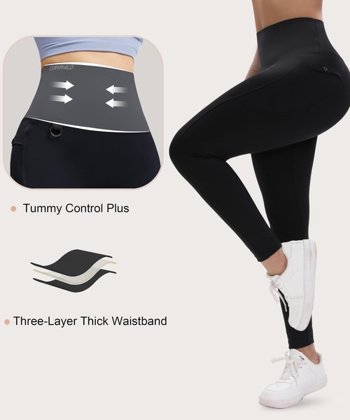 Curvphilo High Waist Leggings with Pockets Tummy Control Workout Butt Lifting Compression Leggings for Women with Hook (US, Alpha, XX-Large, Regular, Regular, 25" Inseam, Black)
