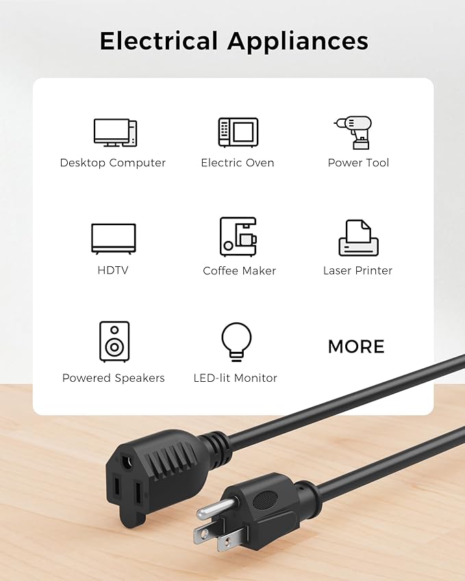 [ETL Listed] Cable Matters 2-Pack 16 AWG Heavy Duty 13A Short Power Extension Cord - 1ft, 3 Prong Power Cord Extension, NEMA 5-15P to NEMA 5-15R, Black