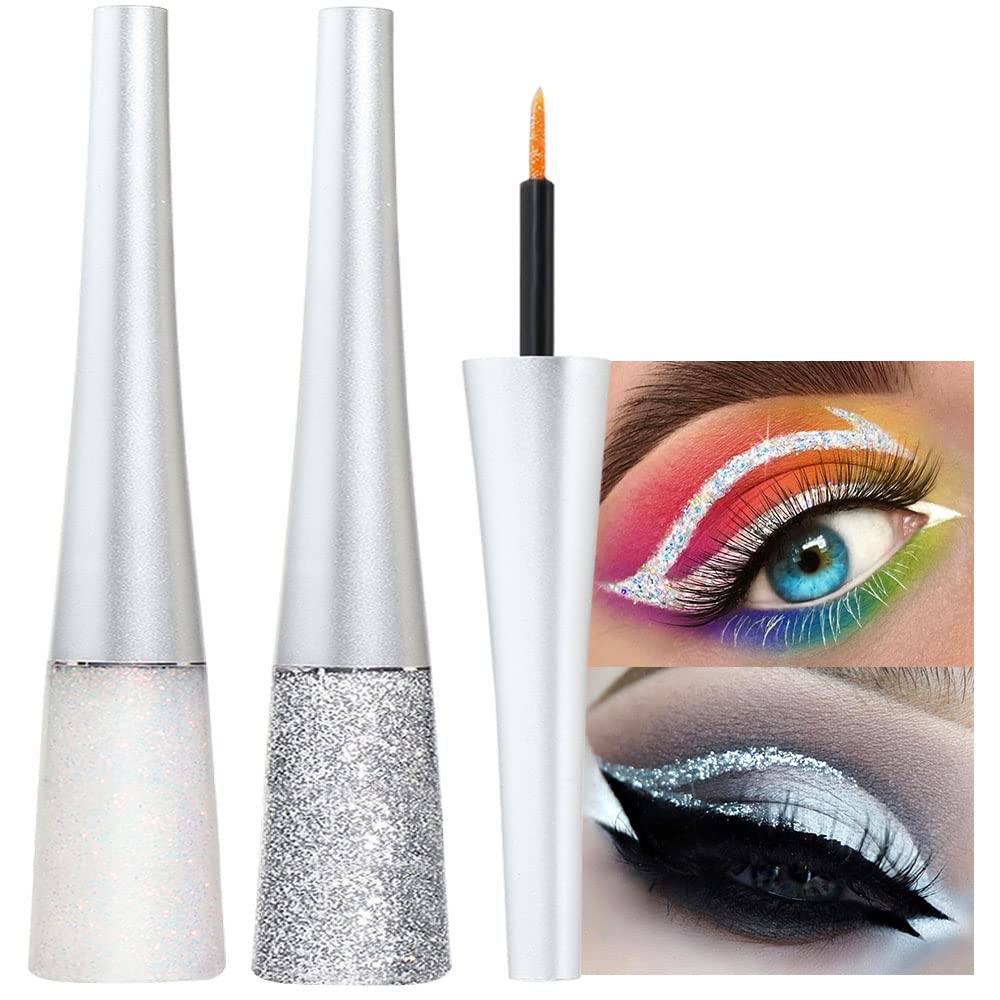 Evpct 2Pcs Pearl White Silver Color Liquid Glitter Eyeliner Sets Eyeliner Glitter Liquid Liners For Women Liquid Sparkly Glitter