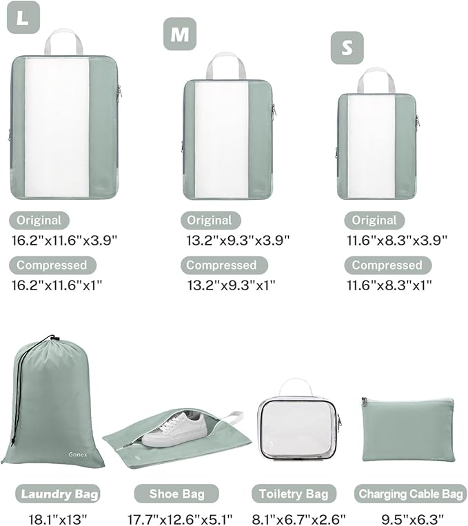 Gonex 8 Set Compression Packing Cubes for Travel Essentials, Expandable Mesh Organizer with Toiletry, Laundry, Shoe, Cable Bags for Suitcases, Gray