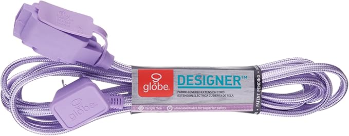 GLOBE Electric 22892 Designer Series 9-ft Fabric Extension Cord, 3 Polarized Outlets, Right Angle Plug, 125 Volts, Metallic Purple