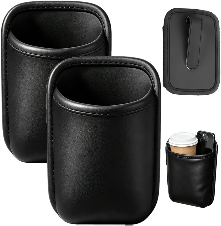 Car Door Cup Holder, Leather Clip On Drink Cup Holder for Back Seat，Black S：2