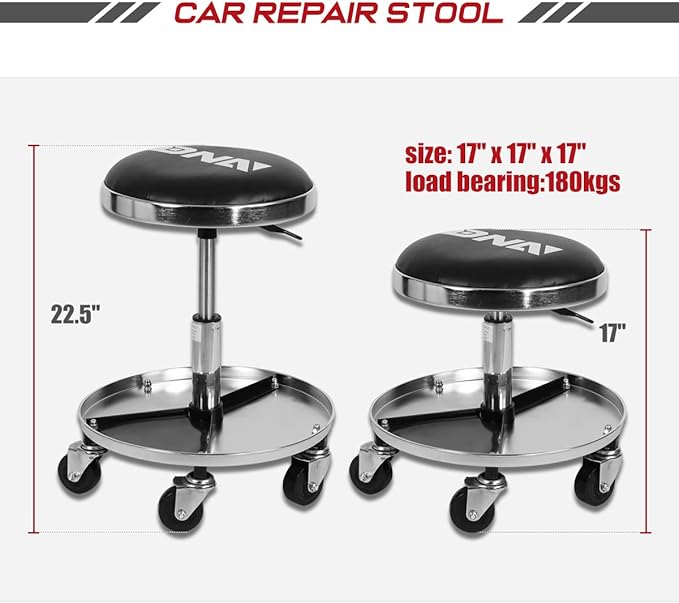 DNA MOTORING TOOLS-00191 Adjustable Height Pneumatic Mechanic Creeper Garage/Rolling Stool, Heavy Duty Roller Seat with Storage Tool Tray, Max Load 250 lbs