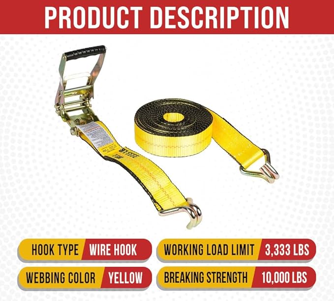 Mytee Products 20 Pack 2 Inch x 30 FT Yellow Ratchet Strap with J Hooks - 10,000 Lbs Breaking Strength - Heavy Duty Tie Down Cargo Truck Straps with Wire Hooks for Flatbed, Truck, Trailers Pickup