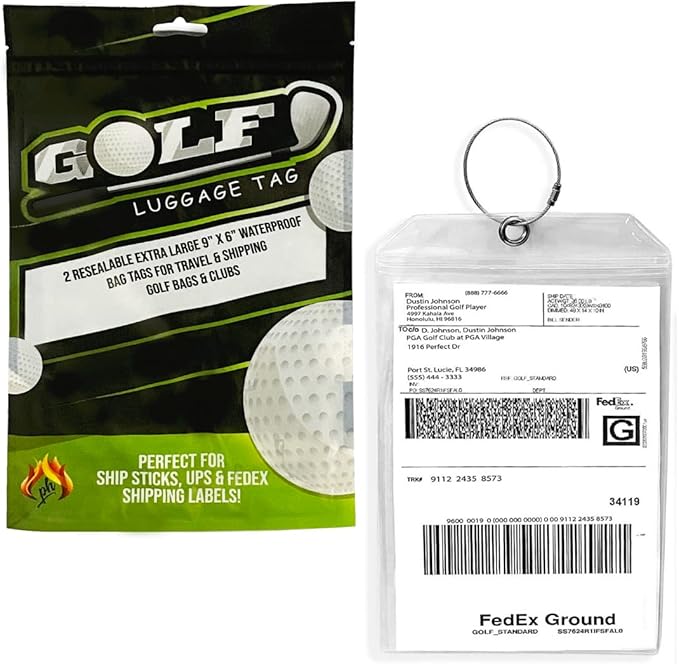 Golf Luggage Tag - Set of 2 Bag Tags Set Extra Large 9" x 6" - Plastic Waterproof Zipper Pouch - PVC Baggage Tag Sleeve for Travel & Shipping Golf Bag - Sealable Personalized Ship Sticks Insert
