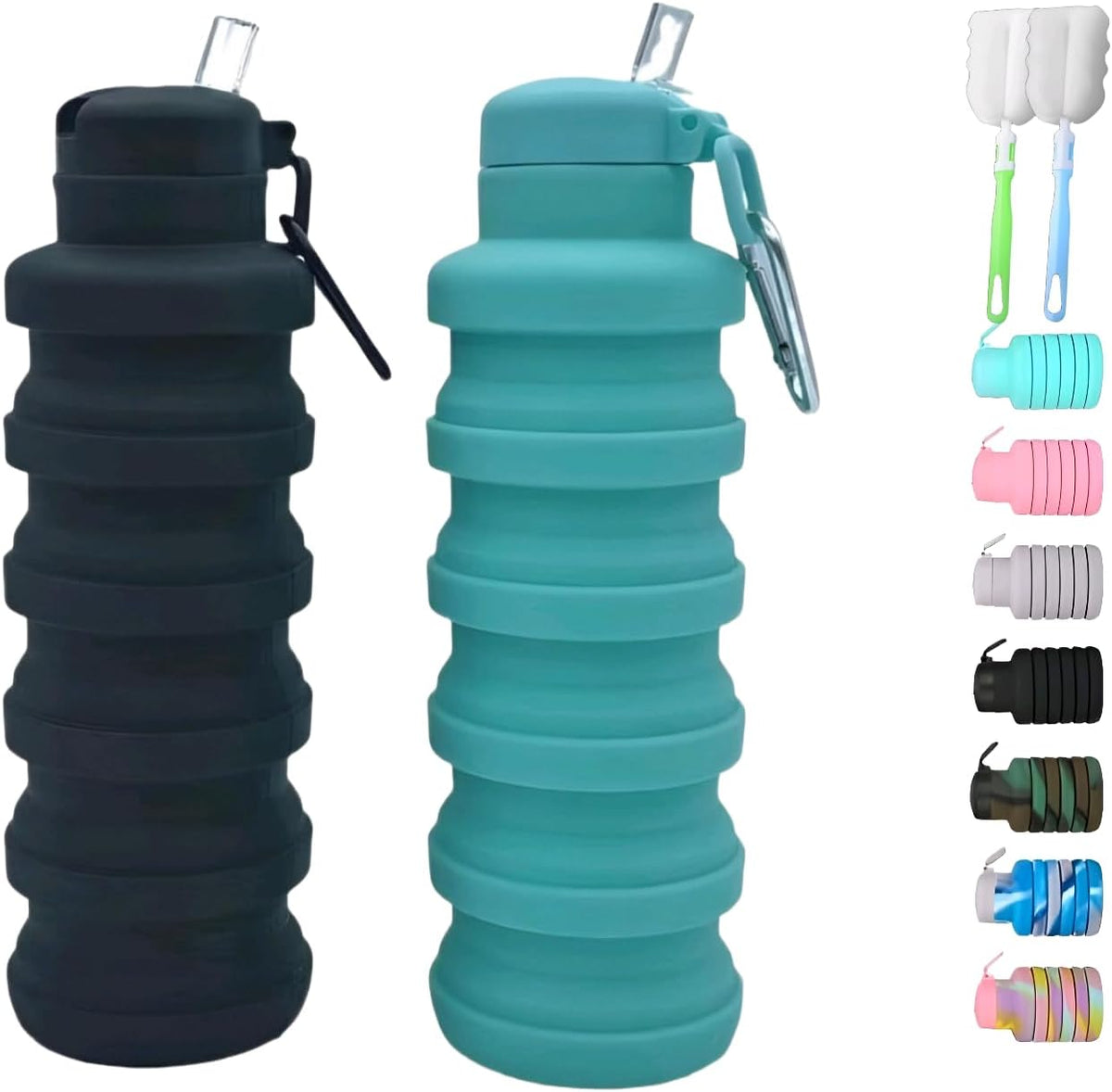 Skiennix Collapsible Water Bottles - 2 Pack BPA-Free Silicone Travel Bottles | Lightweight & Portable (Black & Aqua Blue)