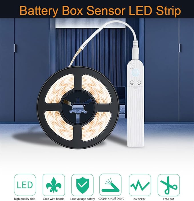 LED Under Cabinet LED Strip Motion Sensor, Battery Powered Bed Stairs Wardrobe Lamp Tape, Waterproof 5V LED Closet Smart Night Strip Light (1M, Warm White)