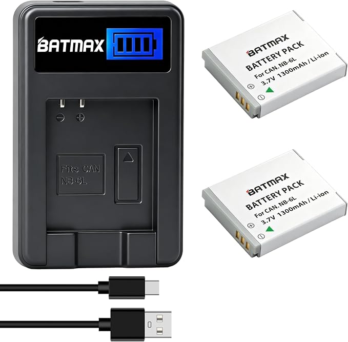 Batmax 2Pcs 1300mAh NB-6L NB-6LH Battery + LCD USB Charger