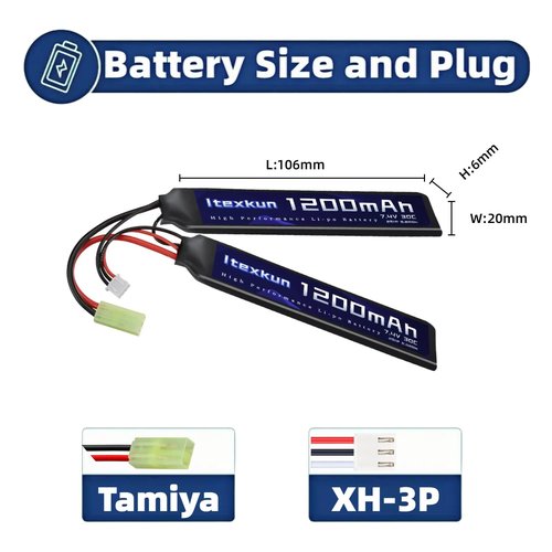 Itexkun Airsoft Battery 7.4V 1200mAh Lipo Battery 2S Small Tamiya Plug Rechargeable 30C High Discharge Rate with Charger for Airsoft Model Guns