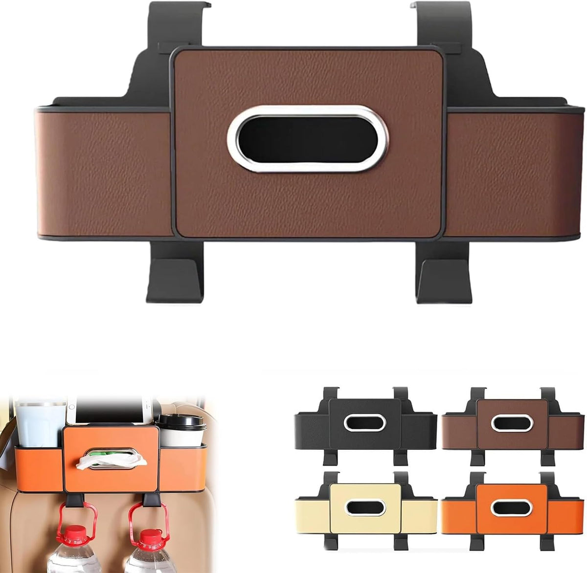 3 in 1 Car Backseat Organizer with Cup Holder, Leather Multifunctional Seat Back Storage with Tissue Box, Phone Holder and Hooks, for Hold Phones, Snacks, Drinks, and Handbags (Brown,1PCS)