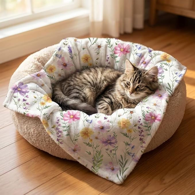 Horaldaily Pets Flannel Blanket, Spring Summer Watercolor Wildflowers Soft Fuzzy Fluffy Plush Cozy Fleece Premium Blankets for Dog Cat Puppy Kitten Couch Protection, 16x23