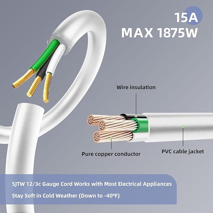 EP 12/3 3 FT Indoor Outdoor White Extension Cord Waterproof, 12 Gauge 3 Prong Power Cord Flexible Resistant Appliance Extension Cable Electric Cable Outside, 15A 1875W 12AWG SJTW, ETL Listed