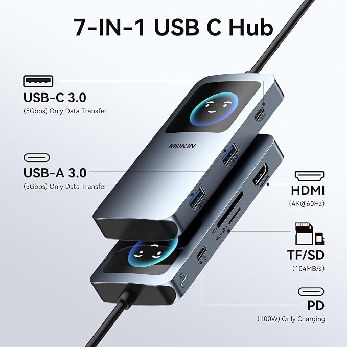 MOKiN 7 in 1 USB C Hub, 4K@60Hz Smart LED Docking Station