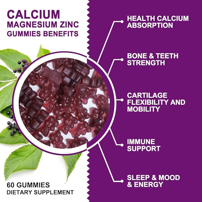 Calcium Magnesium Zinc Gummies with High Absorption Magnesium Glycinate Potassium - Plant Complex Calcium Magnesium 2:1 Ratio, with D3 Sea Moss for Bone, Muscles, Immune & Sleep Support, Vegan-3 Pack