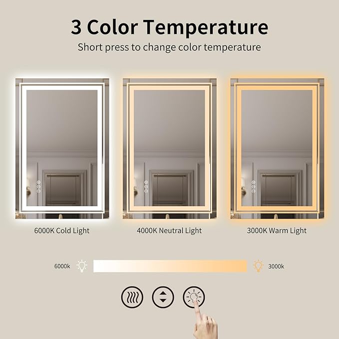 WTTY LED Bathroom Mirror with Backlit and Front Light, 24" X 31.5" Stepless Dimmable LED Mirror for Bathroom,Anti-Fog Lighted Bathroom Vanity Mirror Modern for Wall,Memory Function,Shatter-Proof