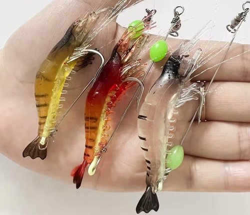 Lumobait 7-Pack Glow Shrimp Fishing Lures - Pre-Rigged Soft Saltwater Bait with Hooks & Beads for Halibut, Flounder, Rockfish, Lingcod