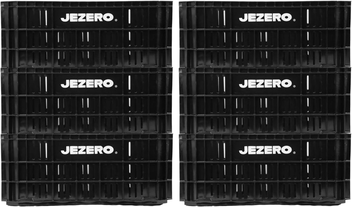 JEZERO Black 6-Pack Harvest Storage Crate – Stackable Plastic Tote Box for Fruit & Vegetables, Kitchen, Pantry, Closet, Car & Outdoor Use | Open Utility Bin, 20" x 12" x8"