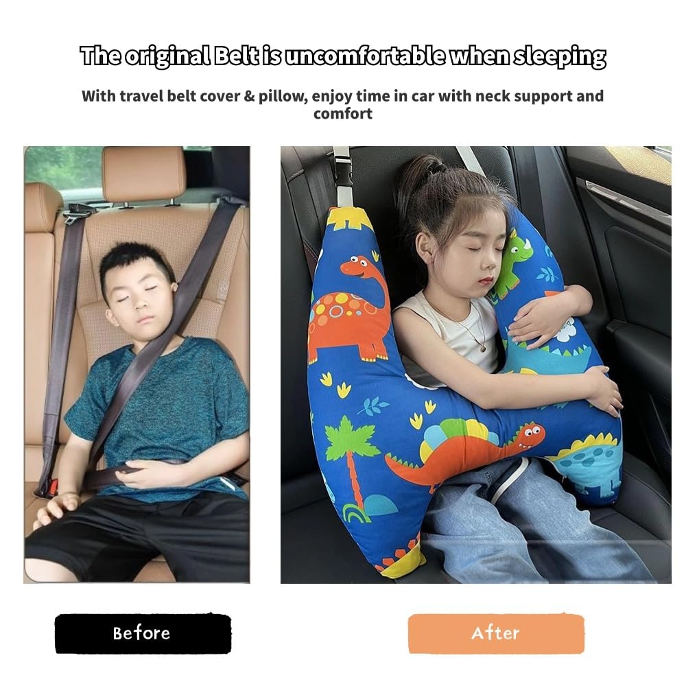 Travel Pillow Car Cushion for Kids 6 Years Old+ Shoulder Neck Back Support & Seat Belt Comfort, Road Trip Cozy Sleeping Gift for Young Travelers, Parents, Families, Baby Shower (Dinosaur Blue)