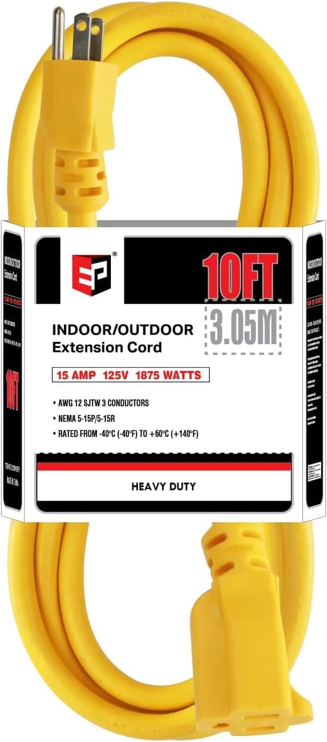 EP 10 Ft Outdoor Extension Cord, 12/3 SJTW Heavy Duty Extension Cable with 3 Prong Grounded Plug, 15 AMP Power Cord for Lawn, Garden, Appliances, Yellow
