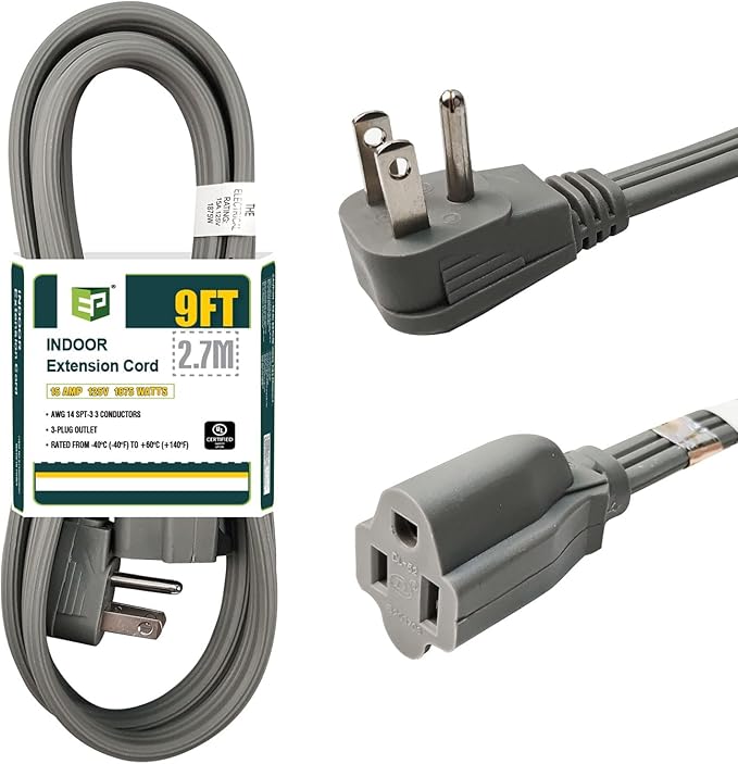 EP 9 Ft Heavy Duty Appliance Extension Cord - 14 Gauge 3 Prong Grounded Cable Wire, Ideal for Air Conditioners, Refrigerators, Microwaves, Washing Machines & More - Indoor Use, Gray