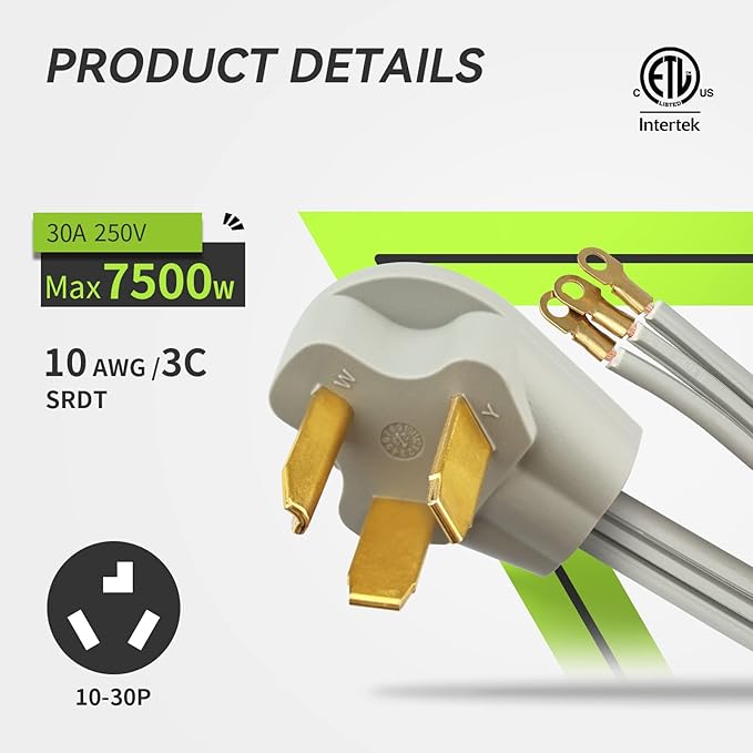 RVMATE 3 Prong SRDT Dryer Cord 5 Feet, 30 Amp Appliance Power Cord (NEMA 10-30P to 3-Wire), 3 Wires with O Ring Terminal Connectors, 100% Copper Wire, ETL Listed.