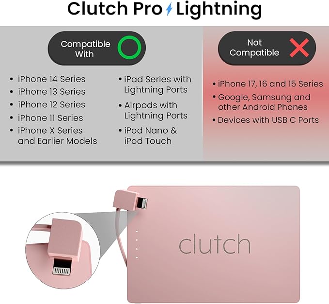Clutch Pro – World's Thinnest iPhone Charger – Portable Power Bank 5000mAh – Magnetic Built-in Lightning Cable – TSA Approved Travel Charger – iPhone 14 & Earlier – Pink