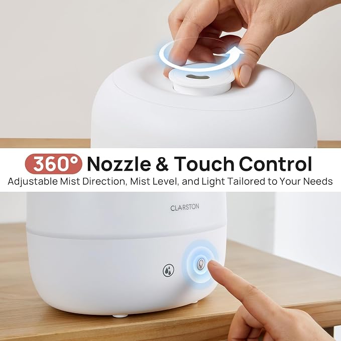 Clarston Humidifiers for Bedroom, 2L Top Fill with 360° Nozzle for Large Room, 7-Color Night Light, 24dB Quiet Cool Mist Air Humidifier for Baby Nursery & Plants, No BPA, Auto Shut Off, Easy to Clean