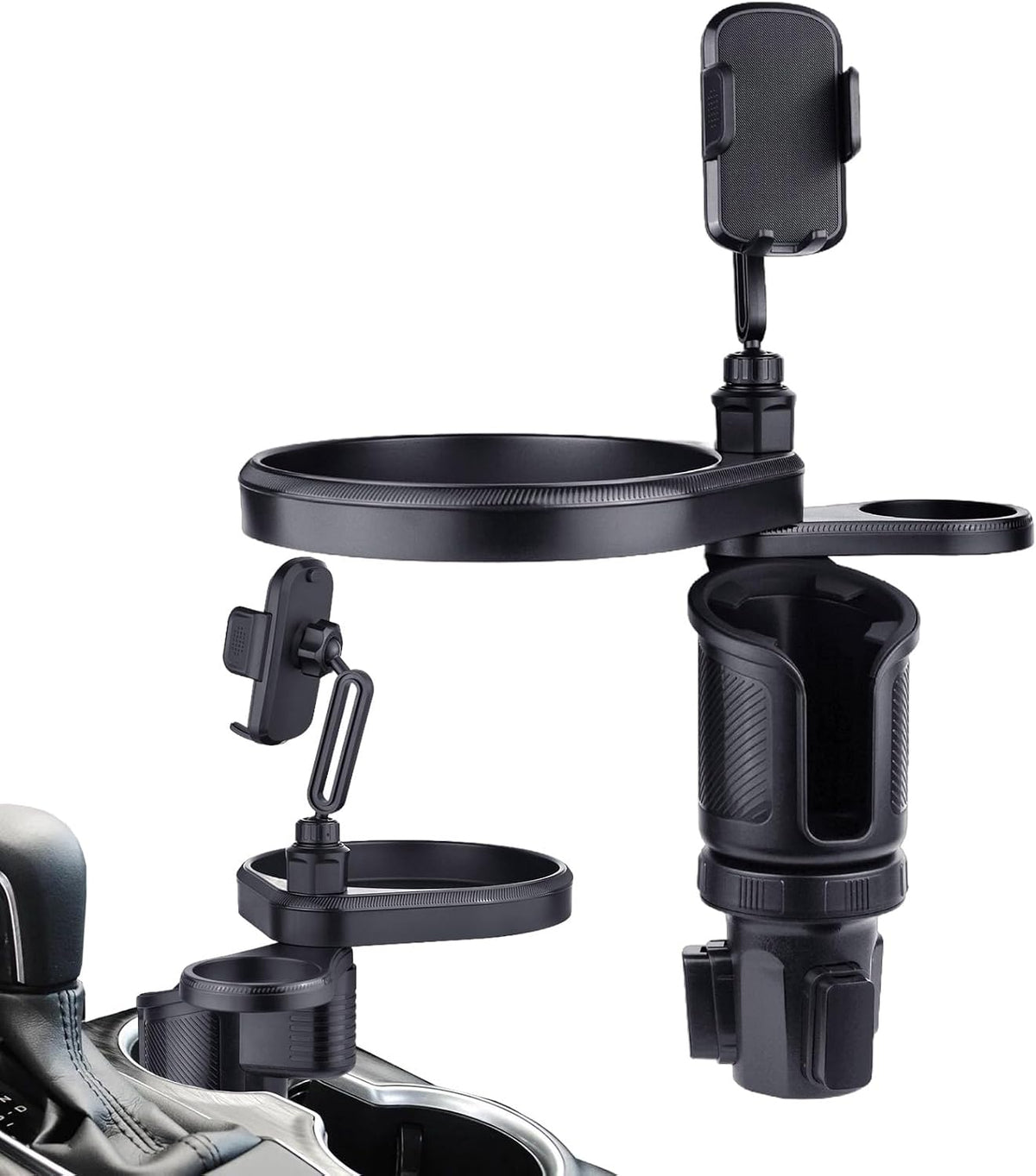 4-in-1 Car Cup Holder Expander - Rotating Tray with Phone Mount & Food Tray, Adjustable Base for Most Vehicles/RV/Trucks