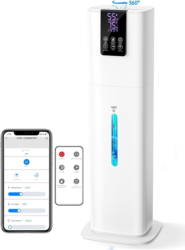 8L Smart Humidifiers for Bedroom Large Room, 2.1Gal Cool Mist Top Fill Diffuser Ambient Light, App & Remote Control, 3 Mist Modes, Quiet Humidifier for Home Office Plant (White)