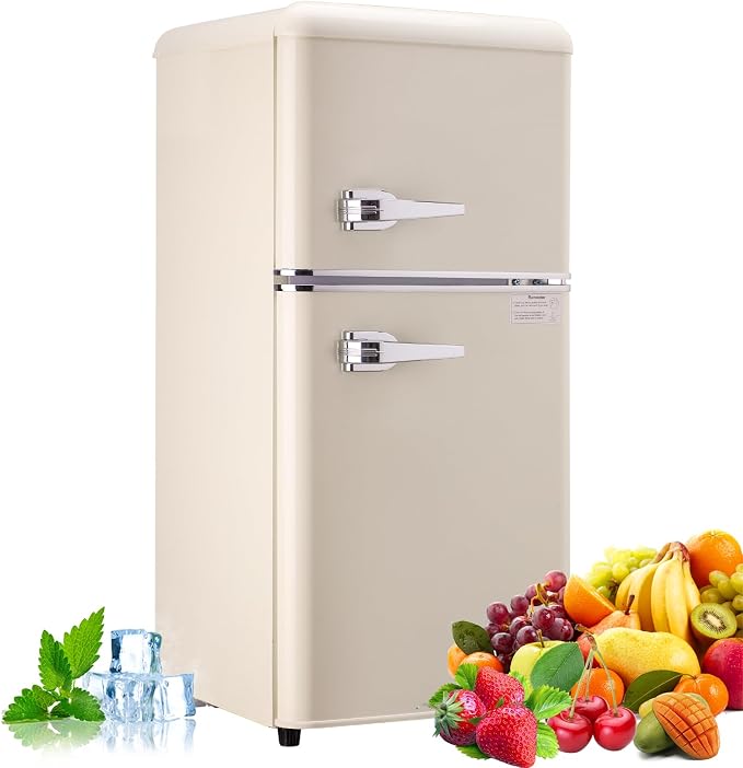 Mini Fridge with Freezer, 3.2 Cu.Ft Retro Double Door Refrigerator with 7 Level Thermostat, Adjustable Removable Glass Shelves for Bedroom Office Apartment Dorm Bar (CREAM, 3.2 Cu.Ft.)