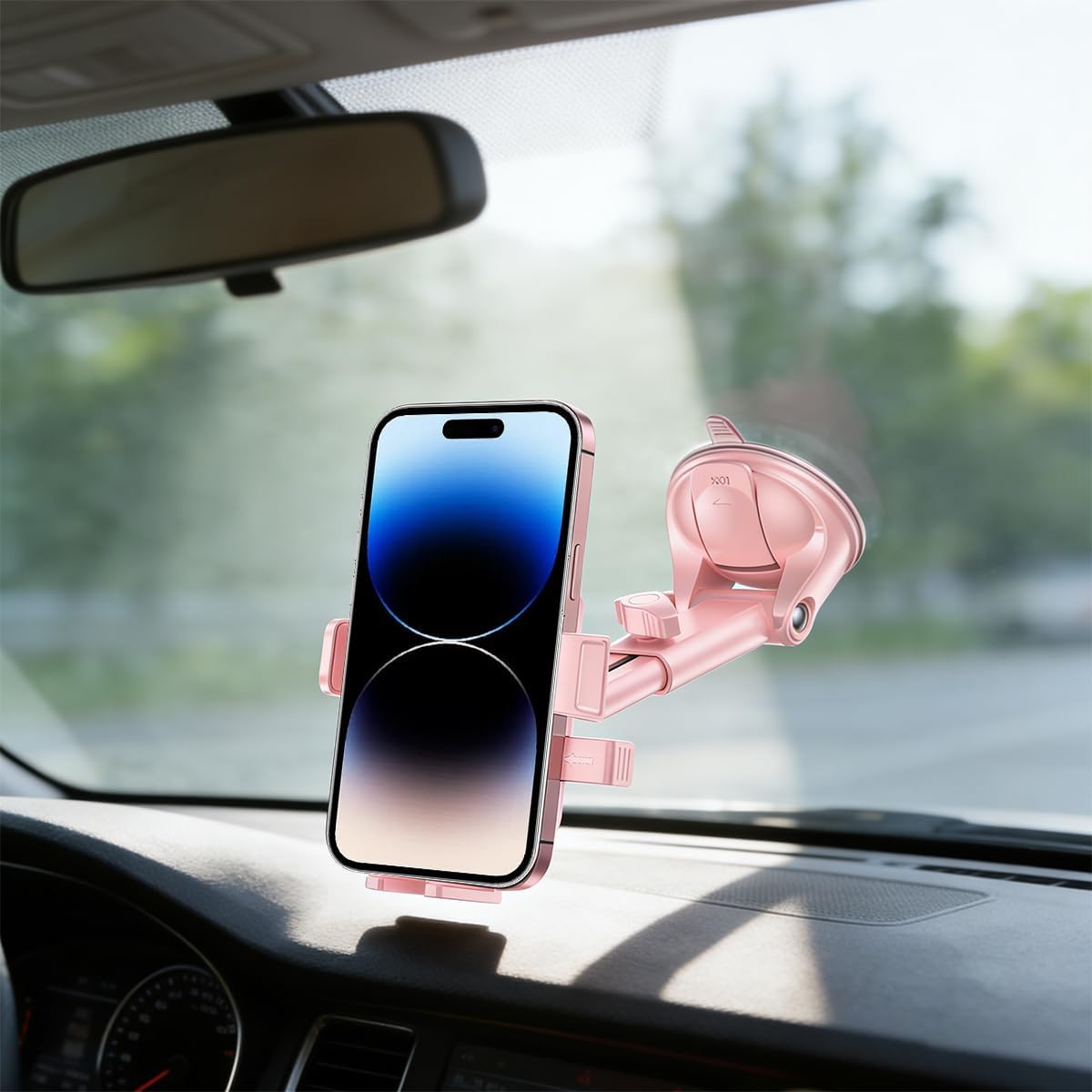 Car Phone Holder, 360° Rotatable Strong Suction Cup Dash Windshield Mobile Phone Mount, Hands-Free Auto Dashboard Cellphone Stand, Universal for Most Smartphones (Pink)