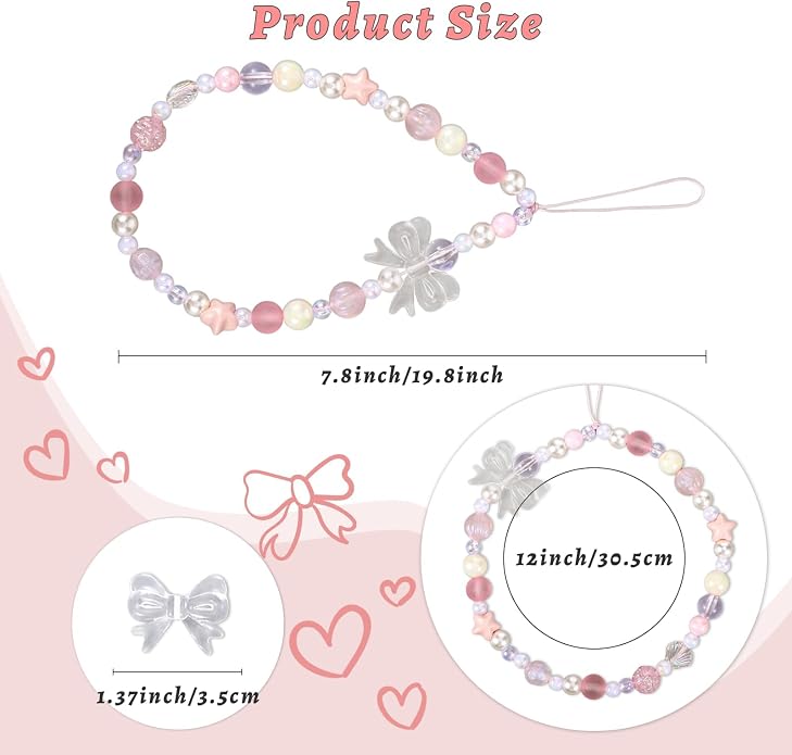 Pink Beaded Phone Wrist Straps, Y2K Phone Case Charms Camera Charm Strap