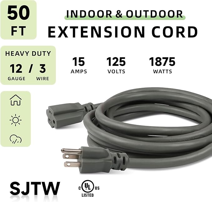 EP 12/3 50 FT Indoor Outdoor Grey Extension Cord Waterproof, 12 Gauge 3 Prong Power Cord Flexible Resistant Appliance Extension Cable Electric Cable Outside, 15A 1875W 12AWG SJTW, ETL Listed