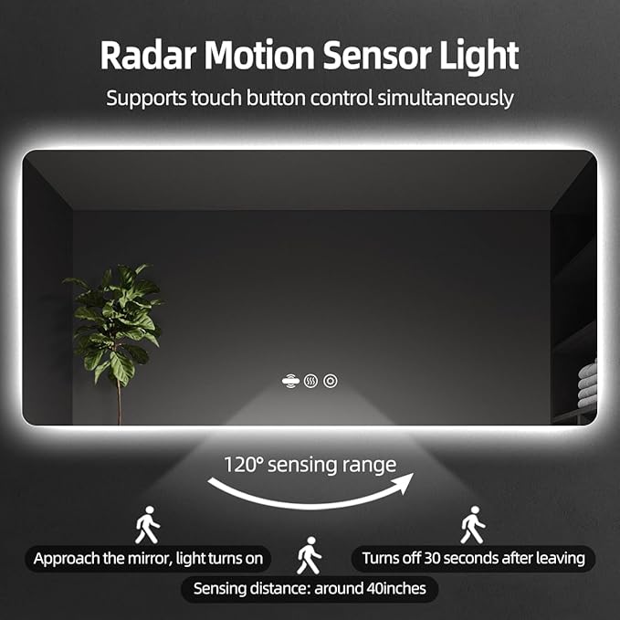 66 x 36 LED Bathroom Mirror, Frameless Rounded Corner Rectangle Backlit Mirror Bathroom, Anti-Fog, 3-Color Stepless Dimmable Lighted Mirror, Motion Sensor Lights, Memory Function