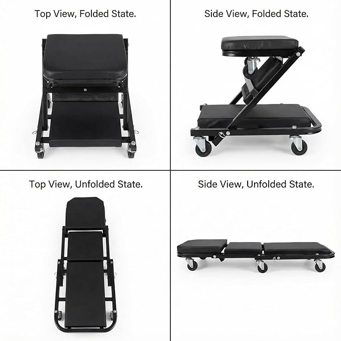 WEEK NINE 36 Inch Foldable Z Creeper Seat, 2 in 1 Rolling Chair and Work Bench for Garage Auto Repair, 330 LBS Capacity, Black