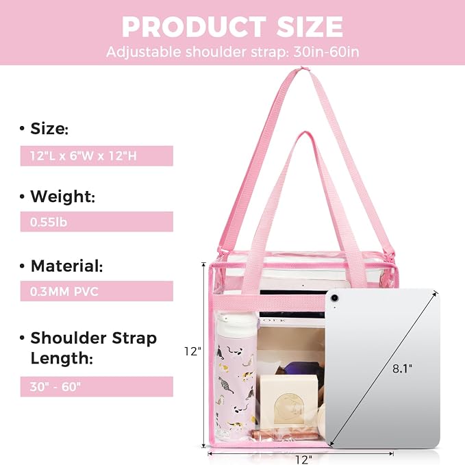 BAGAIL Clear Bags 12x6x12 Stadium Approved Clear Tote Bag
