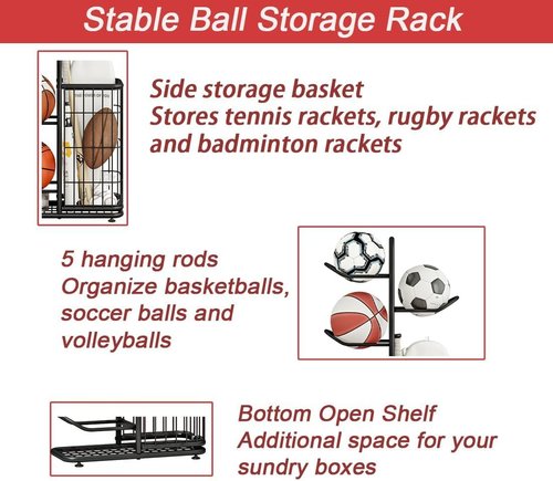 INGIORDAR Basketball Rack Organizer - 6-Tier Sports Equipment Storage Stand for Indoor/Outdoor Use | Black