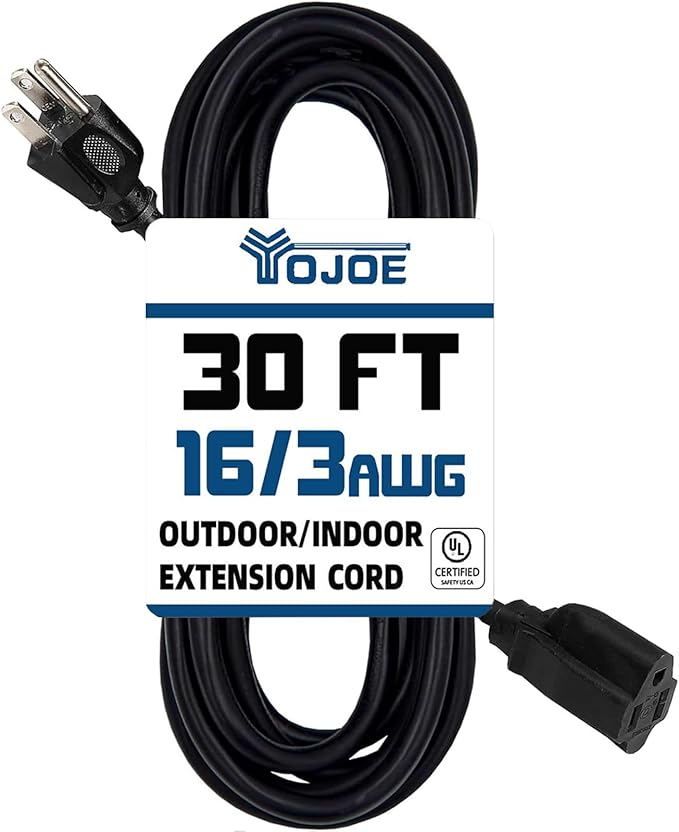 YOJOE Indoor Outdoor Extension Cord, 3 Prong 13A Weatherproof Power Cord, 16 Gauge Heavy Duty 30 ft Black Extension Cord for Garage, Garden and Home, 16/3 SJTW UL Listed
