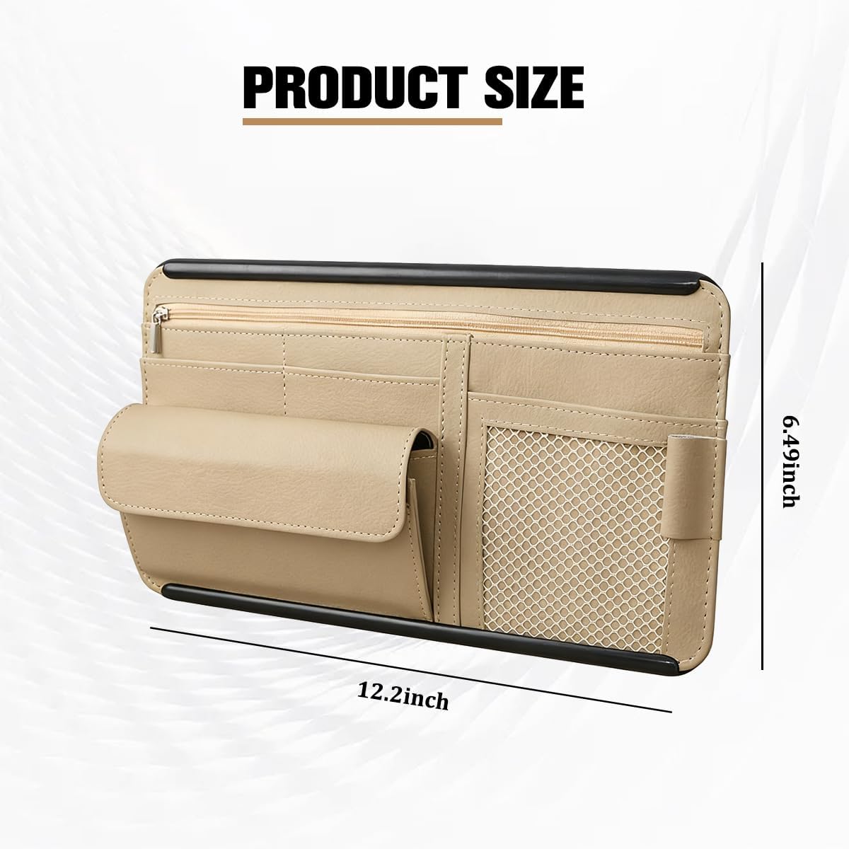 Car Sun Visor Organizer with Zipper Pocket, Multi-Pocket Vehicle Visor Storage Pouch with Card Sleeve, Eyeglasses Holder Box, Auto Interior Sunvisor Organizer Pocket, Universal Fit (Beige)