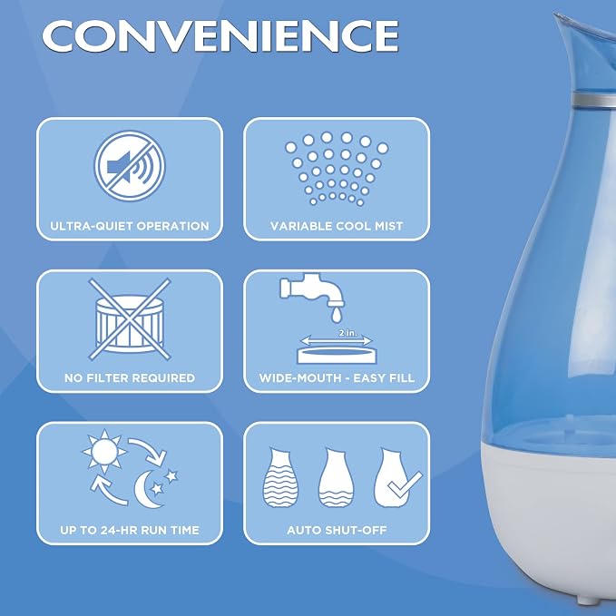 HealthWise Cool Mist Ultrasonic Humidifier | For Medium Size Rooms | No Filter Required | 24 Hour Run Time, Blue, 2.6L