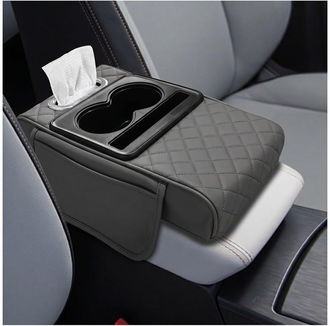 Leather Car Center Console Cover, Armrest Booster Cushion, Grey