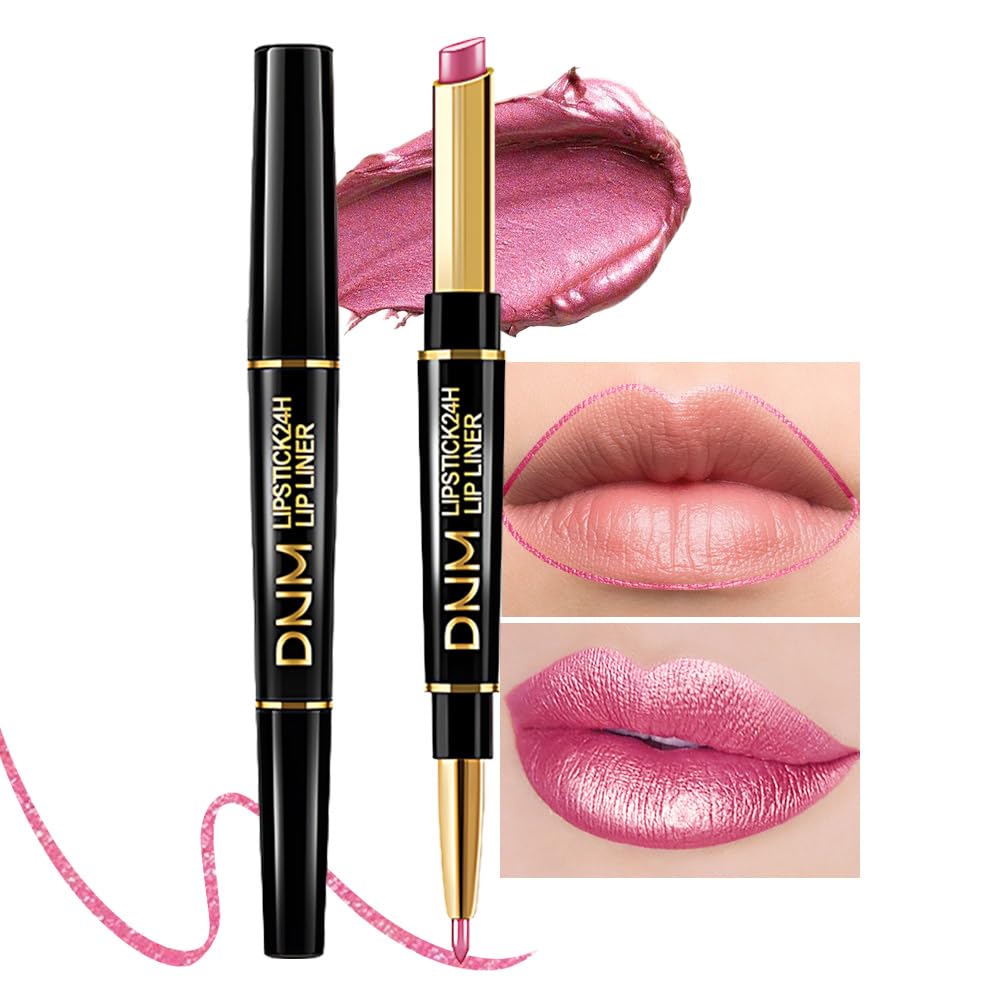 Evpct 1Pcs Rose Pink Metallic Shine Shimmer Lip Liner And Lipstick Combo Set Kit For Women, Dnm Lightweight Hydrating Formula Hi