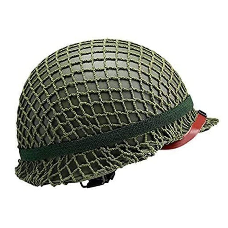 WWII US WW2 Army M1 Steel Pot Helmet Replica - Military Gear Uniform with Net Cover, Chin Strap, Cat Eye Belt