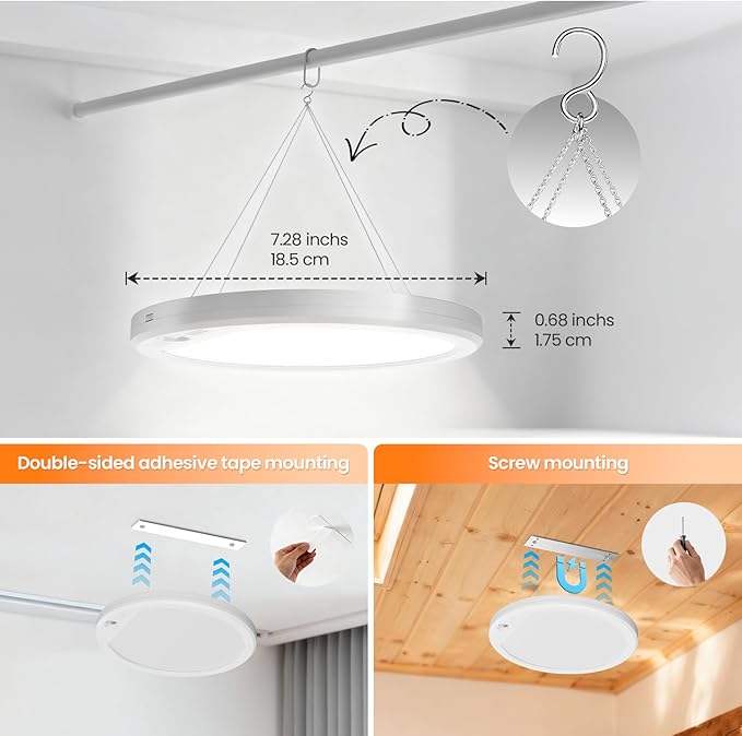 Motion Sensor Light Indoor with Remote And Hanging Chain, Rechargeable 3 Colors Ceiling Lights, Magnetic Wireless LED Closet Lamp,Battery Powered for garage Shower Stairs Hallway Shed Pantry Patio