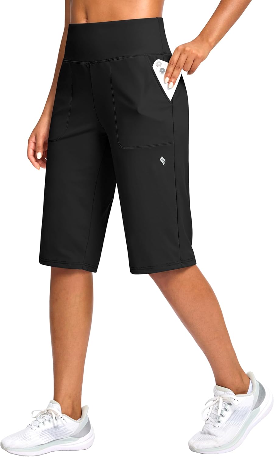 SANTINY Women's Knee-Length Bermuda Shorts - High-Waisted, Stretchy with Pockets | Perfect for Summer Casual Wear