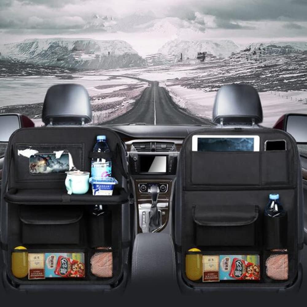 Tumecos Car Seat Back Organizer, 2 Pack Back Seat Organizers and Storage with Touch Screen Tablet Holder, Kick Mats, Back Seat Protector (black)